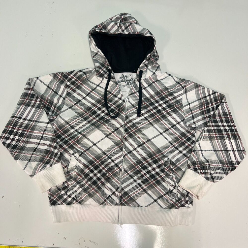 Vintage Machine Plaid Full Zip Hoodie Y2K Grunge Skater Black White Red Mens L